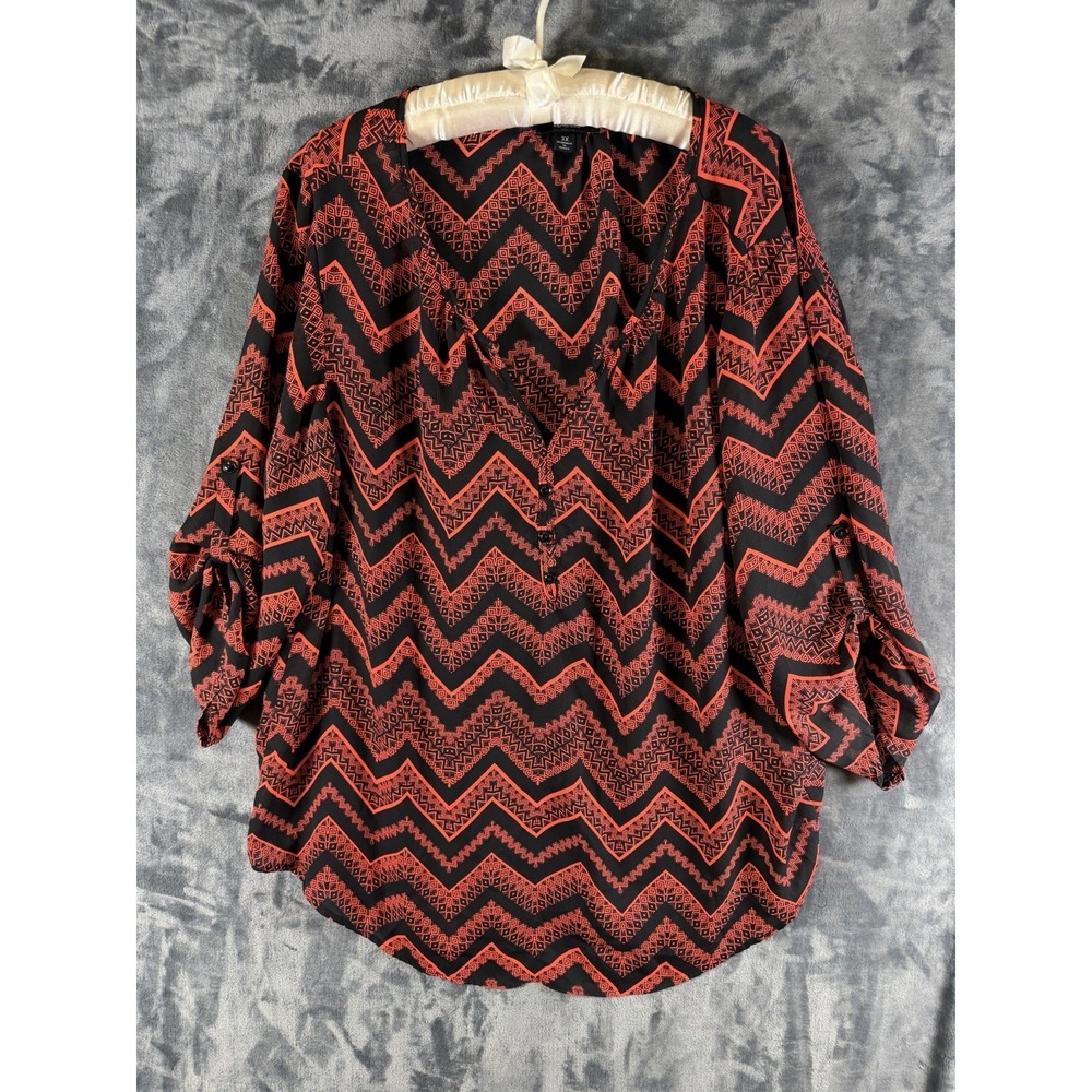 Espresso sheer 3/4 sleeve cover top blouse black rust zigzag stripes size 3XL